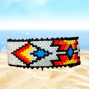 Handwoven handcrafted Native American geometric bracelet colorful Miyuki beads